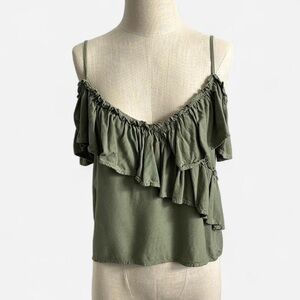 Sim & Sam Olive Green Ruffle Off the Shoulder Top Blouse Boho Cottagecore